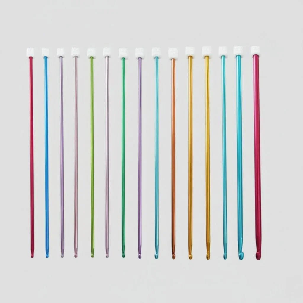 Set of colorful aluminum crochet hooks arranged on a white background.