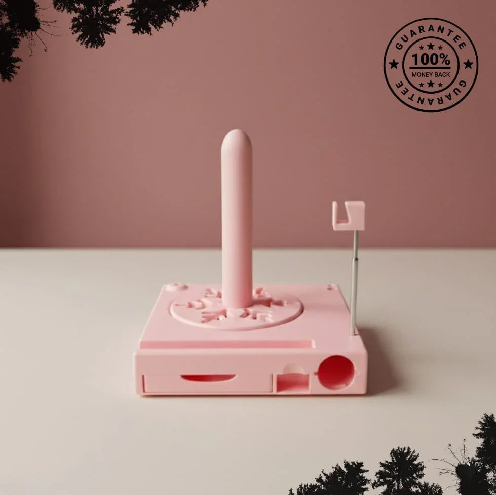 Pink sewing bobbin thread holder organizer on desk with 100% money back guarantee seal