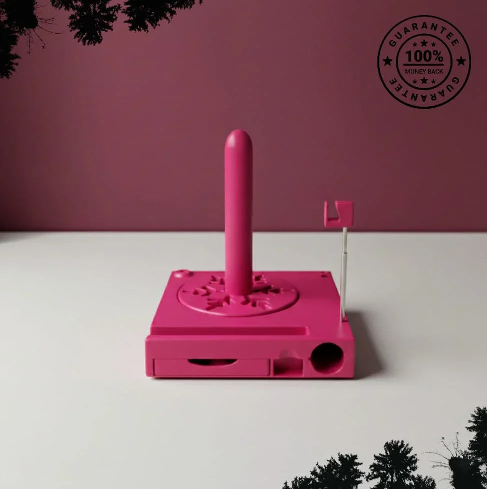 Pink desk organizer with vertical pen holder on white surface, maroon background, 100% guarantee badge