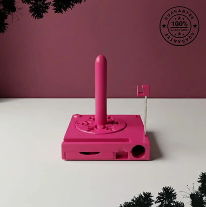 Pink desk organizer with vertical pen holder on white surface, maroon background, 100% guarantee badge