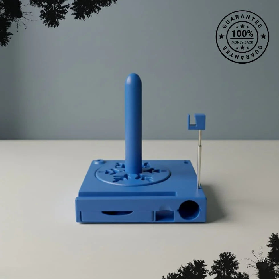 Blue plastic device on white surface, upright rod and metal holder, guarantee badge in corner